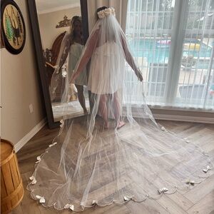 Vintage wedding veil trimmed with bows and scalloped edge with Floral Accents